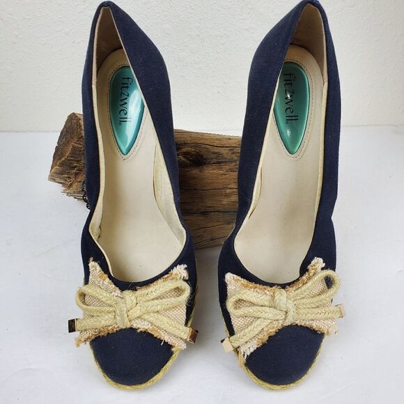 Fitzwells Navy espadrilles wedges with bow - Picture 3 of 8